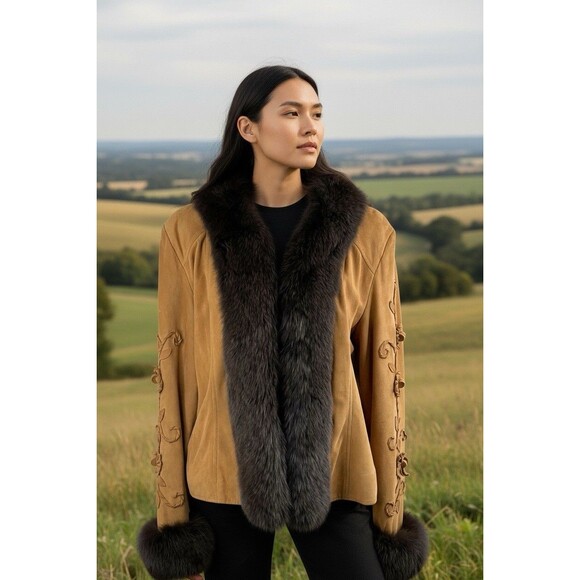 Double D Ranch Western Fur Suede Tan Embellished Jacket Medium Upscale Country - Picture 1 of 16
